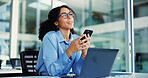 Phone, laptop and business woman in office thinking with networking, communication or texting on mobile app. Cellphone, glasses and person with message, ideas or social media on break in workplace