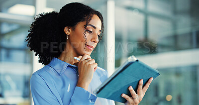 Buy stock photo Copywriter, reading or woman in office with tablet, draft review or research for article update. Digital, bokeh or person in agency with tech, script development or blog fact check for publication.