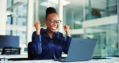 Buy stock photo Smile, fist pump and black woman with laptop in office for funding goal, good news and excited. Celebration, email and person happy for business growth with investment, success or bonus achievement