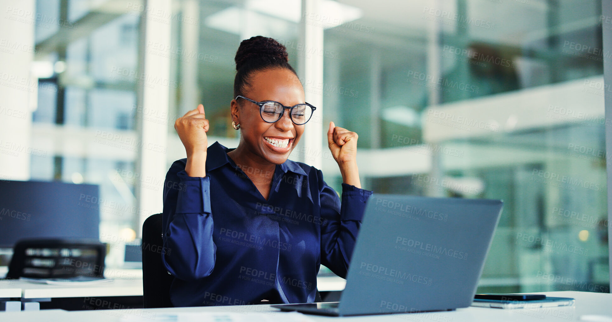 Buy stock photo Smile, fist pump and black woman with laptop in office for funding goal, good news and excited. Celebration, email and person happy for business growth with investment, success or bonus achievement