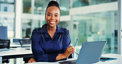 Buy stock photo Portrait, financial advisor and black woman in office, smile and laptop with career ambition. African person, professional and investor in workplace, computer and pride with confidence and happiness