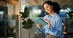Happy, business woman and research with tablet for project schedule or planning in office. Female person, designer or smile with technology for network, connection or online service in workplace