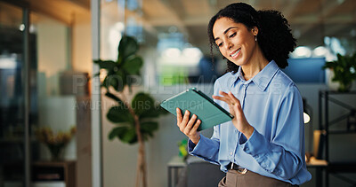 Buy stock photo Happy, business woman and research with tablet for project schedule or planning in office. Female person, designer or smile with technology for network, connection or online agenda in workplace