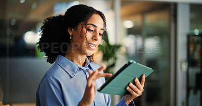 Buy stock photo App, scroll and tablet with business woman in office for information, project management or report. Internet, idea and review with administration in professional workplace for schedule development