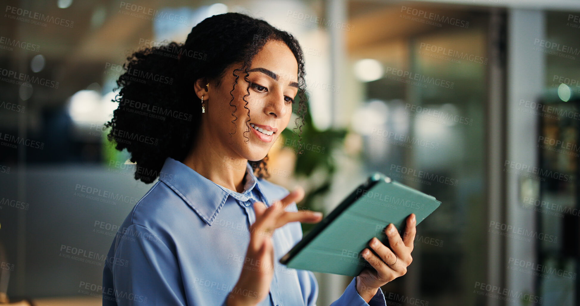 Buy stock photo App, scroll and tablet with business woman in office for information, project management or report. Internet, idea and review with administration in professional workplace for schedule development