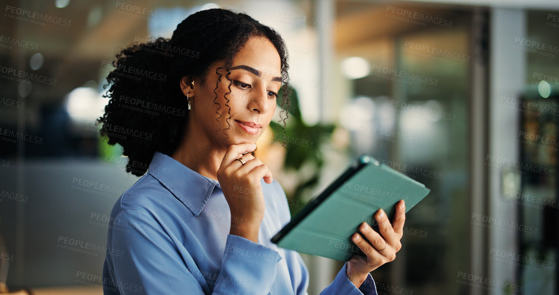 Buy stock photo App, reading and tablet with business woman in office for information, project management or report. Internet, idea and review with administration in professional workplace for schedule development