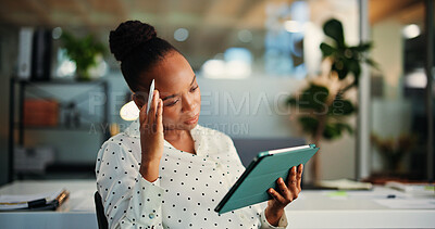 Buy stock photo Black woman, night or headache with tablet for deadline, mistake or overworked pressure in office. Frustrated, female person or designer working late with migraine on technology for burnout or strain
