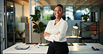 Office, portrait and woman with arms crossed, smile or financial analyst with career growth or pride. Confident, employee and black person with ambition for wealth management and excited in Nigeria