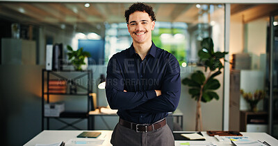 Buy stock photo Happy, portrait and man with arms crossed, office or financial analyst with pride for career growth. Confident, employee and person with smile for wealth management, ambitious and opportunity in USA