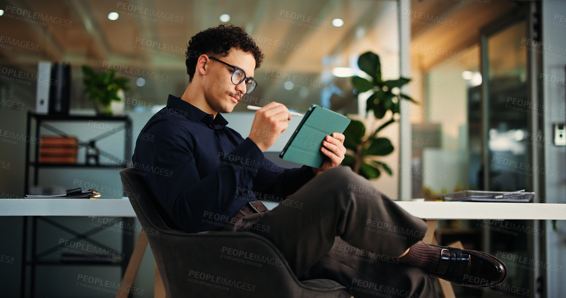 Buy stock photo App, review and tablet with businessman in office for information, project management or ideas. Internet, stylus and report with consultant person in professional workplace for schedule development