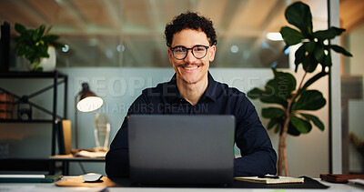 Buy stock photo Happy, night and portrait of man on laptop in office for copywriting, publishing career and magazine editor. Journalism, creative agency and person on computer with confidence, pride and smile