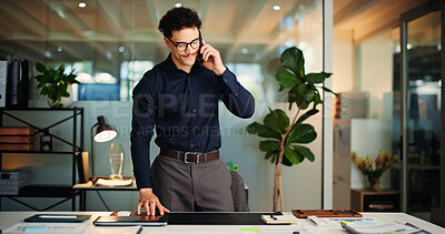 Buy stock photo Businessman, consultant or night with phone call for business proposal or negotiation in office. Man, financial advisor or agent working late with mobile smartphone for discussion or finance deal