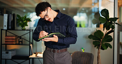 Buy stock photo Phone call, review and notebook with businessman in office for information, project management or ideas. Communication, writing and planning report with consultant in workplace for schedule update