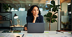 Business woman, laptop and review in office with thinking, startup opportunity or career development. Creative person, project management and tech for research, problem solving or brainstorming ideas