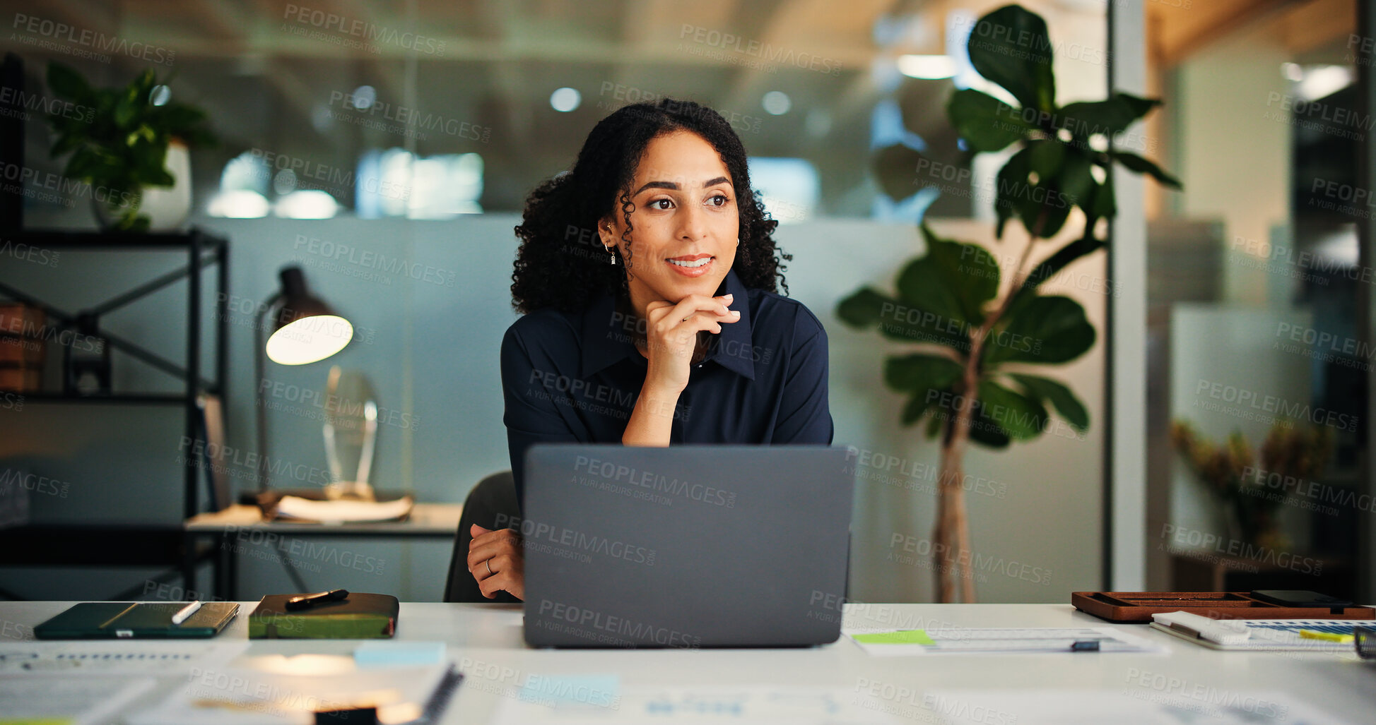 Buy stock photo Business woman, laptop and thinking in office with review, startup opportunity or career development. Creative person, project management and tech for research, problem solving or brainstorming ideas
