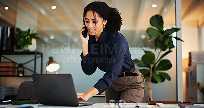 Buy stock photo Happy woman, laptop and night with phone call for proposal, deadline or negotiation in office. Female person, consultant or agent working late with computer or mobile smartphone for business advice