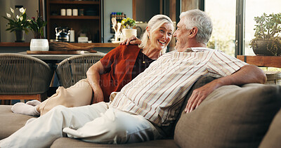 Buy stock photo Love, laugh or senior couple in house with hug, romance or bonding together in retirement. Happy, mature man or woman in home with embrace, marriage commitment or humor in romantic relationship.