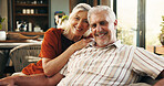 Portrait, senior couple and relax at house with love, partner support and bonding together. Happy, elderly people and embrace for affection, connection and romantic with marriage commitment in lounge