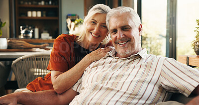 Buy stock photo Portrait, senior couple and relax at house with love, partner support and bonding together. Happy, elderly people and embrace for affection, connection and romantic with marriage commitment in lounge