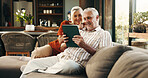 Happy, tablet and senior couple on sofa for subscription, connection and online website in home. Retirement, marriage and old man and woman on digital tech for bonding, streaming and relax together