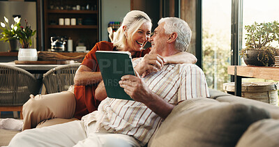 Buy stock photo Happy, love and old couple on sofa with tablet for subscription, connection or online website in home. Retirement, marriage and senior man and woman on digital tech for bonding, hug or relax together