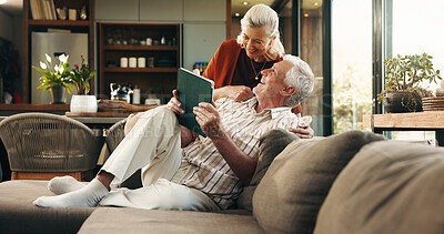 Buy stock photo Relax, tablet and senior couple on sofa for subscription, connection and online website in home. Retirement, marriage and old man and woman on digital tech for bonding, streaming and happy together