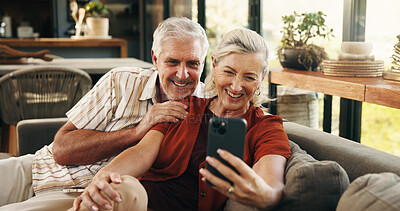 Buy stock photo Video call, smile or old couple in home with phone, connection or online conversation in living room. Happy, senior man or woman with tech, digital communication or bonding together on virtual app.