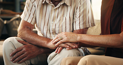 Buy stock photo House, hands and old couple on sofa, support and compassion with grief, loss and empathy. Apartment, man and woman on couch, retirement and kindness with care, sympathy and love with comfort or hope