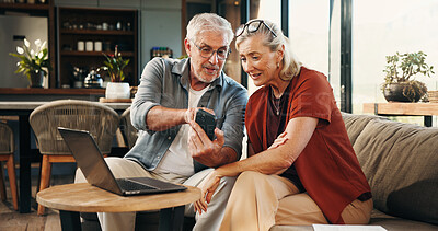 Buy stock photo House, talking and old couple with smartphone, laptop and mortgage with pension fund. Budget, man or woman with discussion, cellphone or digital app for banking statement, savings or asset management