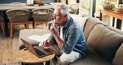 Buy stock photo Old man, thinking and reading in home with laptop for asset management, retirement fund or prepare will. Senior person, reflection or browse on sofa with computer, pension annuity or estate planning.