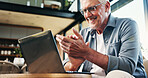 Laptop, clapping and senior man on sofa in home with internet banking for investment payout. Happy, computer and elderly male person with online account for pension funds in living room at house.