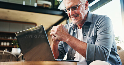 Buy stock photo Happy, laptop and senior man on sofa for online research, website and internet for email in living room. Home, retirement and elderly person with computer for communication, contact and subscription