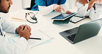 Buy stock photo Hands, doctor and people in meeting, tech and feedback for online results, internet and planning. Laptop, tablet and employees in workplace, collaboration and medical service with healthcare report