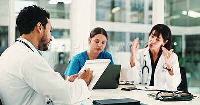 Buy stock photo Meeting, clipboard and talk with doctors in hospital for team, surgery schedule and healthcare. Patient records, planning and medical with people in clinic for checklist, research and review