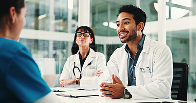 Buy stock photo Doctors, nurse and smile in meeting for promotion results, report success or residency achievement. Medical people, celebration and excited for bonus, healthcare praise and thank you in hospital