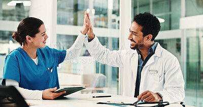 Buy stock photo Doctor, nurse and high five in hospital for promotion results, report success or residency achievement. Medical people, celebration and excited for bonus meeting, healthcare praise and teamwork