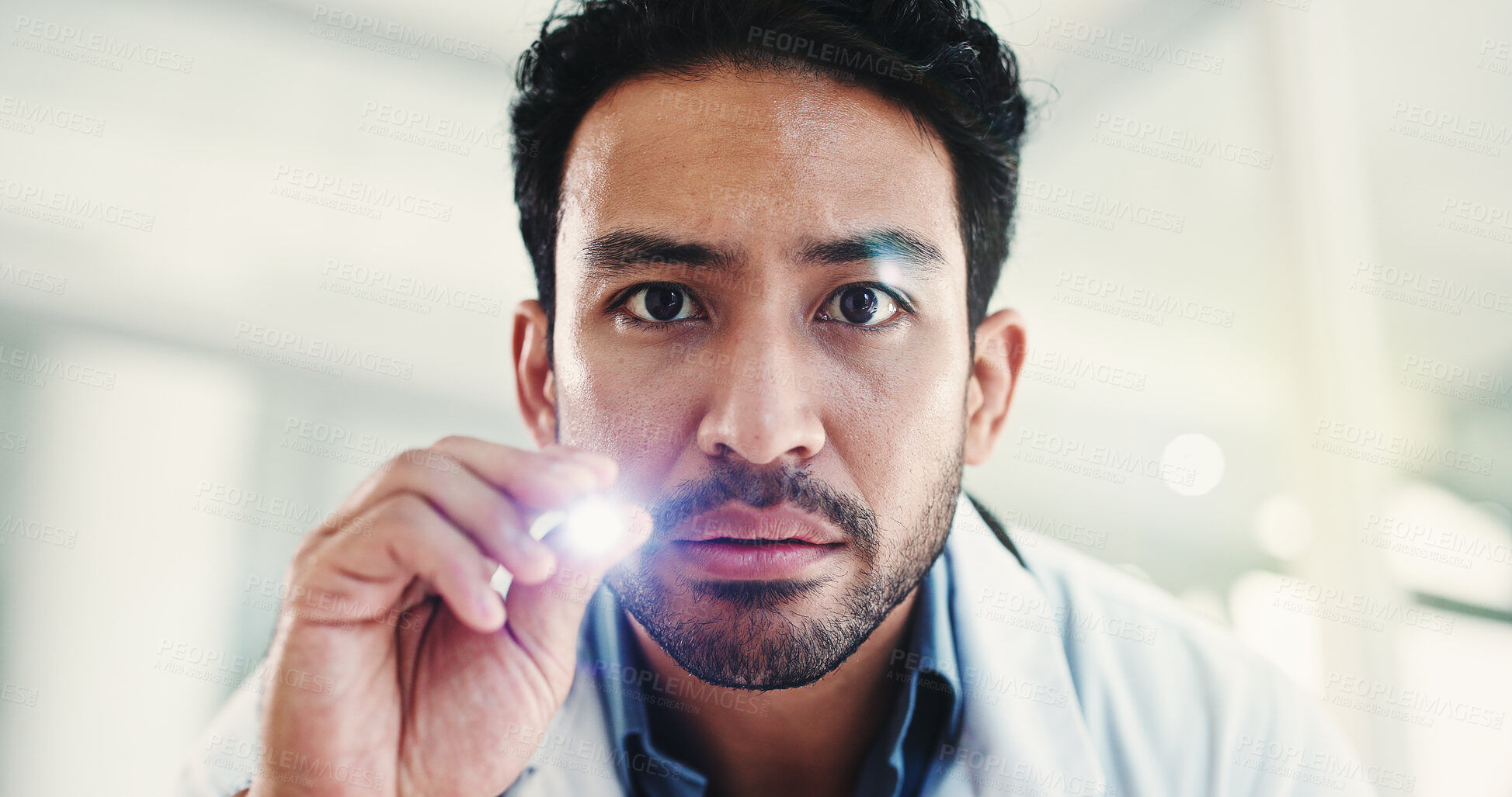 Buy stock photo Portrait, doctor and man with penlight, exam and pupil reflex test for brain function or healthcare. Hospital, flare and person with tool for eye inspection, health and checkup for optic nerve damage
