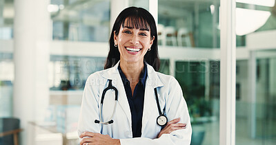 Buy stock photo Arms crossed, doctor and portrait of woman in hospital lobby for healthcare advisor, about us and cardiologist. Medical professional, opportunity and heart physician with mature person in clinic
