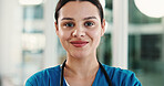 Happy woman, portrait and nurse with pride for internship, medical profession or occupation. Female person, healthcare worker or confidence with smile for development, health service or help clinic
