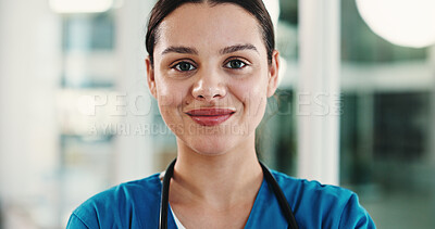 Buy stock photo Happy woman, portrait and nurse with pride for internship, medical profession or occupation. Female person, healthcare worker or confidence with smile for development, health service or help clinic