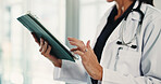 Hands, person and doctor with tablet in hospital for research, medical report and confirm surgery. Surgeon, digital and scroll on website for Telehealth, healthcare results and treatment information