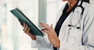 Buy stock photo Hands, person and doctor with tablet in hospital for research, medical report and confirm surgery. Surgeon, digital and scroll on website for Telehealth, healthcare results and treatment information