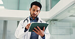 Below, man and doctor with tablet in hospital for research, medical report and confirm surgery. Male surgeon, digital and browsing website for Telehealth, healthcare results and treatment information