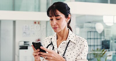 Buy stock photo Smartphone, woman and doctor in hospital, typing and digital app for communication. Mature person, medical service and professional in clinic, cellphone and email for online schedule and telehealth