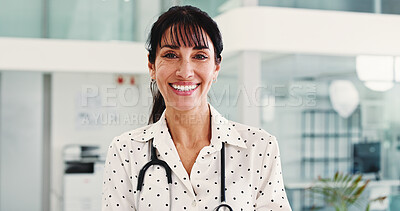 Buy stock photo Smile, mature and portrait of doctor in hospital lobby for healthcare advisor, about us and cardiologist. Medical professional, opportunity and heart physician with woman in clinic for pride
