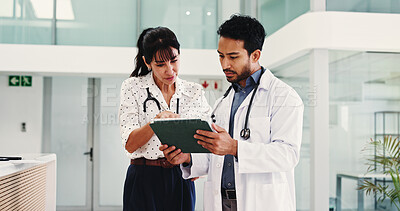 Buy stock photo Doctor, team and checking schedule with tablet for medical research, telehealth or appointment. People, healthcare workers or discussion with technology for online booking, results or procedure