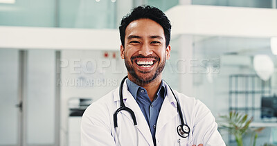 Buy stock photo Laugh, doctor and portrait of man in hospital lobby for healthcare advisor, about us and cardiologist. Medical professional, opportunity and heart physician with person in clinic for pride and joke