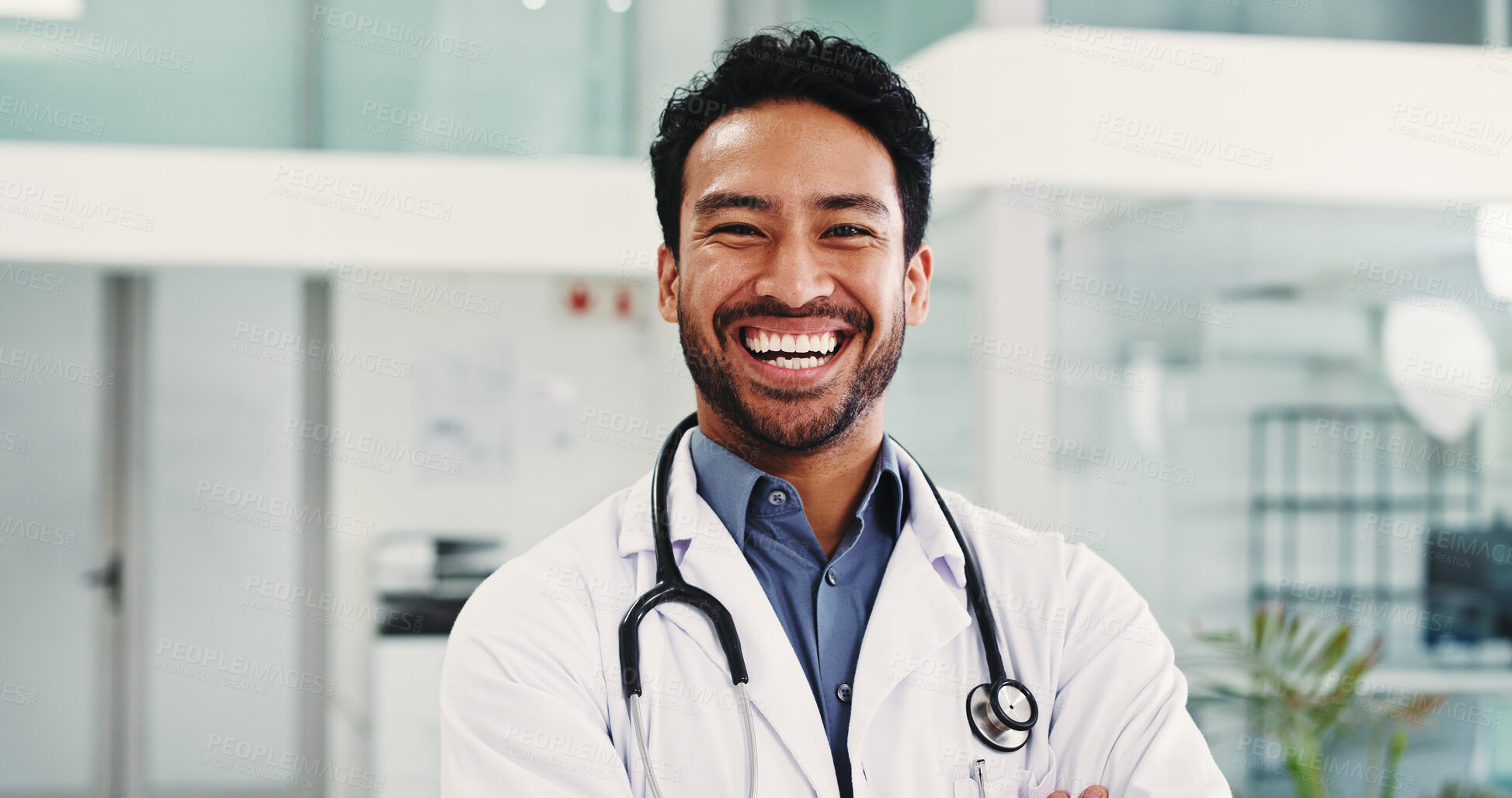 Buy stock photo Laugh, doctor and portrait of man in hospital lobby for healthcare advisor, about us and cardiologist. Medical professional, opportunity and heart physician with person in clinic for pride and joke