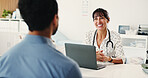 Woman, doctor or patient with laptop in office for consultation, healthcare service or appointment. Medical checkup, discussion or friendly physician with client for wellness assessment, pc or smile