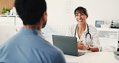 Buy stock photo Woman, doctor or patient with laptop in office for consultation, healthcare service or appointment. Medical checkup, discussion or friendly physician with client for wellness assessment, pc or smile
